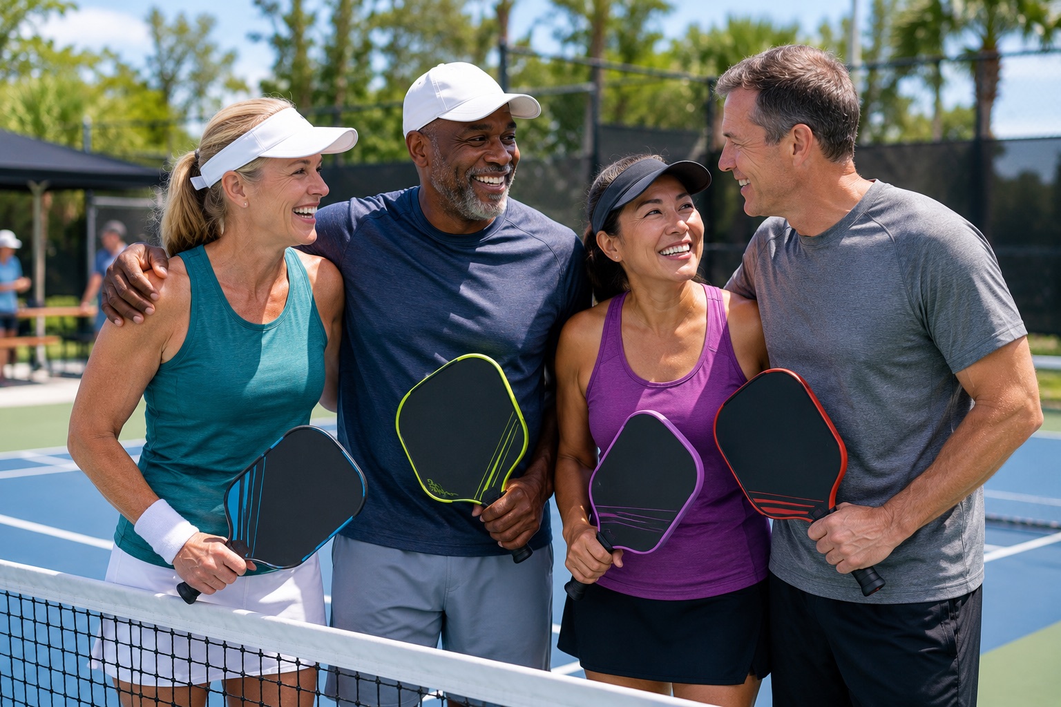 A friendly group smiling together on a pickleball court