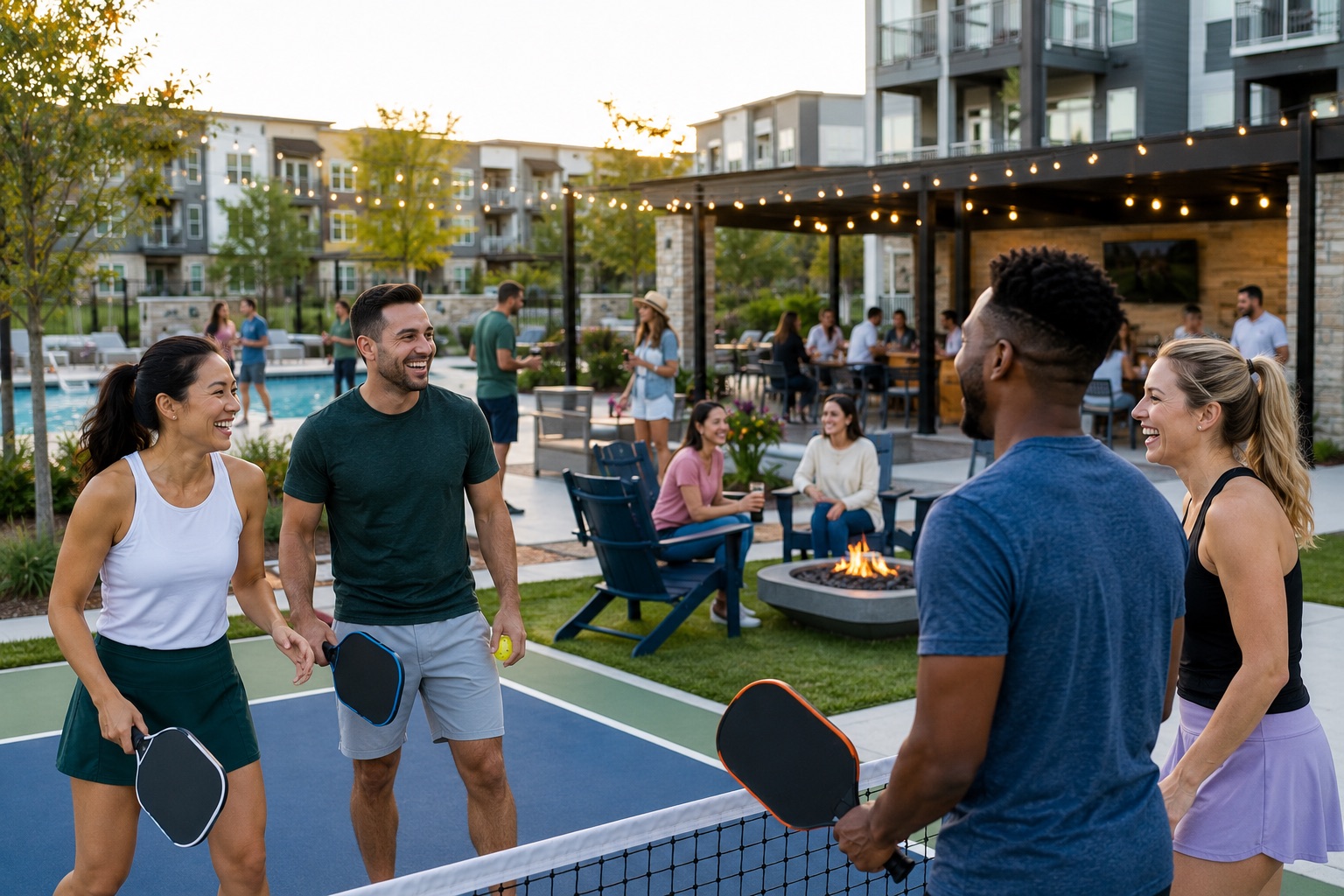 Residents gathering near an apartment pickleball court at golden hour