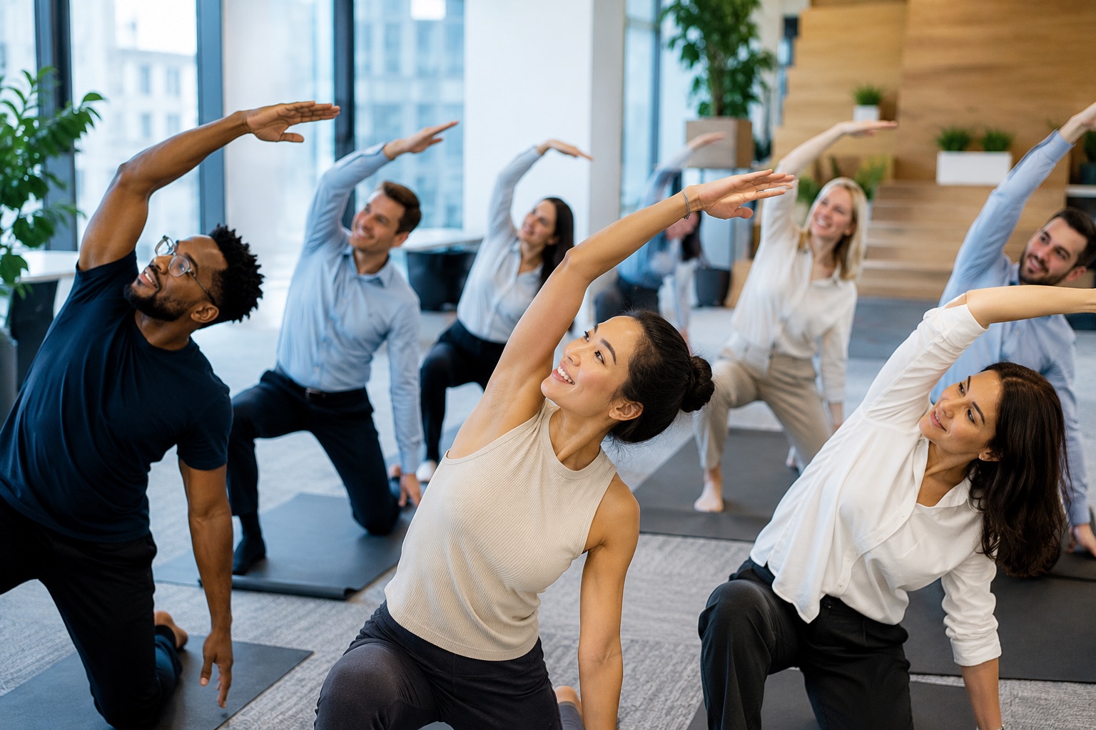 Employees participating in a guided workplace wellness stretch