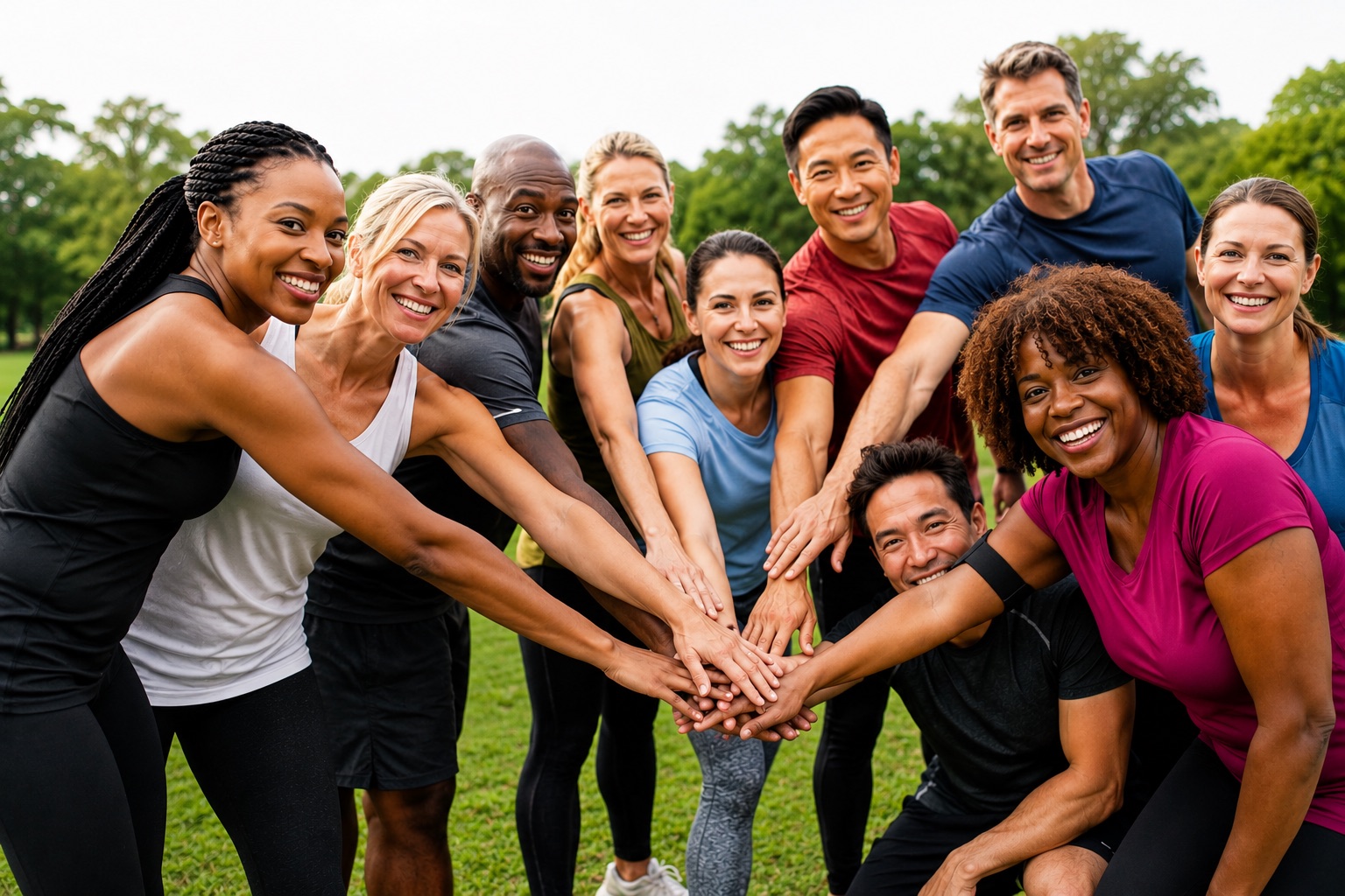 A diverse team smiling with hands together during an active wellness experience